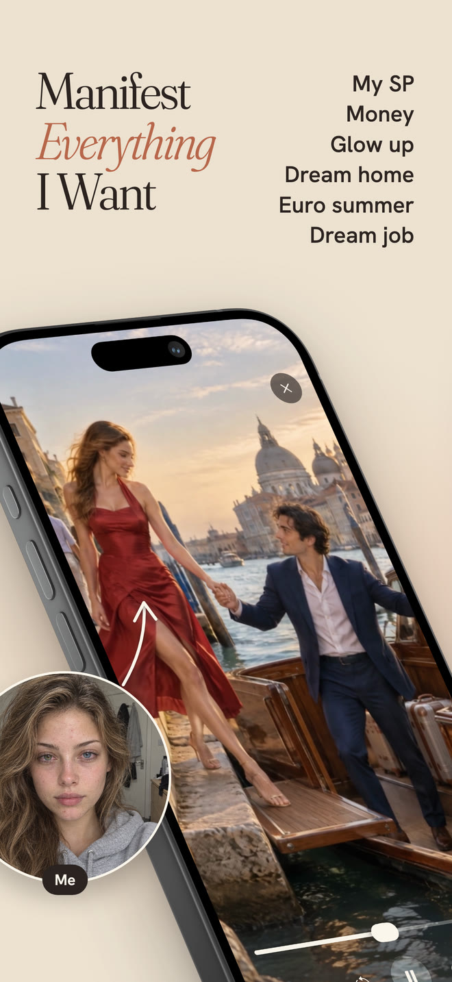 Manifest everything I want: a woman steps onto a boat in Venice, made from an ordinary selfie.